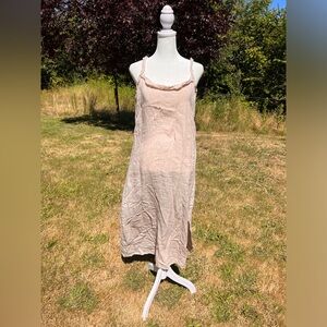 Francesca Bettini Nude Oatmeal Linen Italy Maxi Ruffle Boho Dress Size Large